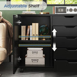 DUMOS 5 Drawer File Cabinet Office Drawers Organizer with Wheels Rolliing, Under Desk Cabinets with Shelves and Door Printer Stand with Wood Board Metal Frame for Home Office Storage Craft Room, Black DUMOS