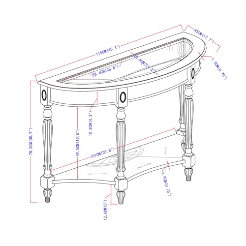 PADMA HOUSE Traditional Solid Wood Semi-Circle Sofa Table with Tempered Glass Top for Living Room, Cherry Walnut PADMA HOUSE