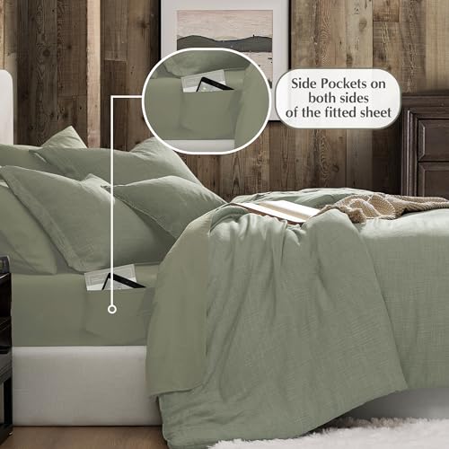 Geniospin King Size Comforter Set- 7 Piece Sage Green Textured King Bedding Set, Soft Solid Bed in a Bag for All Season, King Comforter Set with Sheets(Sage Green,102''x90'') Geniospin