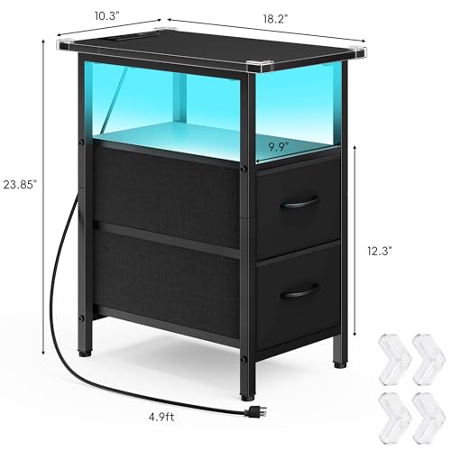 Vagusicc Set of 2 Black Nightstand with Charging Station and LED Lights, Narrow Side Table, LED Night Stand with 2 Fabric Drawers, Bedside Table Small End Table, Tall Nightstand for Bedroom, Black Vagusicc