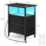 Vagusicc Set of 2 Black Nightstand with Charging Station and LED Lights, Narrow Side Table, LED Night Stand with 2 Fabric Drawers, Bedside Table Small End Table, Tall Nightstand for Bedroom, Black Vagusicc