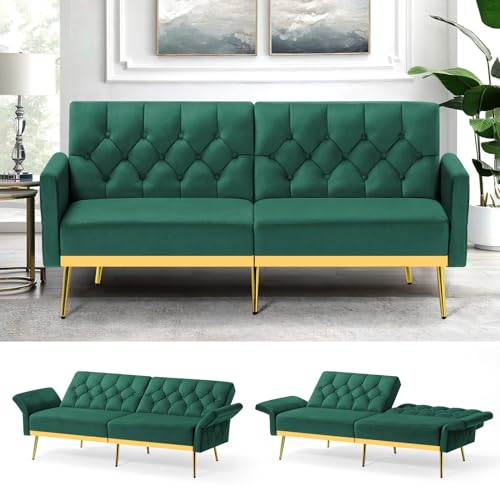 ACMEASE Velvet Futon Sofa Bed w/Adjustable Armrests & Backrests, Button Tufted Sleeper Couch, Modern Convertible Loveseat Sofa for Bedroom, Living Room, Apartment, Green ACMEASE