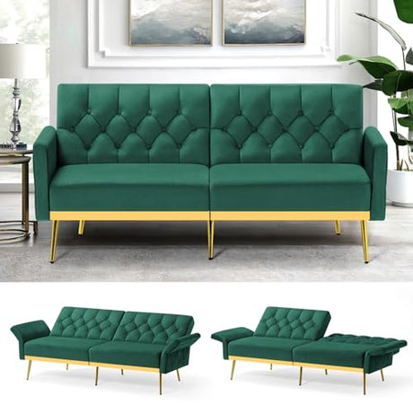 ACMEASE Velvet Futon Sofa Bed w/Adjustable Armrests & Backrests, Button Tufted Sleeper Couch, Modern Convertible Loveseat Sofa for Bedroom, Living Room, Apartment, Green ACMEASE