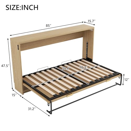 Pasirou Twin XL Size Horizontal Murphy Bed with Storage Shelf, Hideaway Wall Bed with Led Lights, can be Folded into Cabinet, Folding Murphy Bed Space-Saving for Guest Room, Natural Pasirou