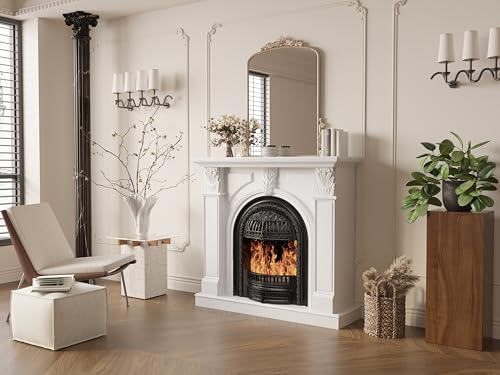 BOSHIRO 48" Electric Fireplace Tv Stand with Mantel, Entertainment Center with Black Birdcage Fire Place Heater & Carved Square Column Design for Living Room, Bedroom BOSHIRO