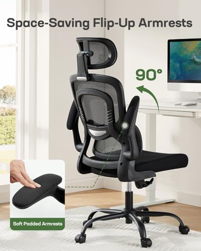 Marsail Office Chair Ergonomic-Desk Chair: High Back Mesh Office Chair with Lumbar Support,Flip-Up Armrests&2D Headrest,Gaming Chair with Rocking Tilt, Swivel Computer Task Chair for Long Hours Marsail