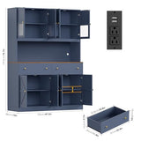 FINETONES 71" Pantry Cabinet with LED Light and Charging Station, Farmhouse Kitchen Pantry Cabinet with Microwave Stand, 47.2" Wide Kitchen Hutch Food Pantry with Open Countertop, Blue FINETONES
