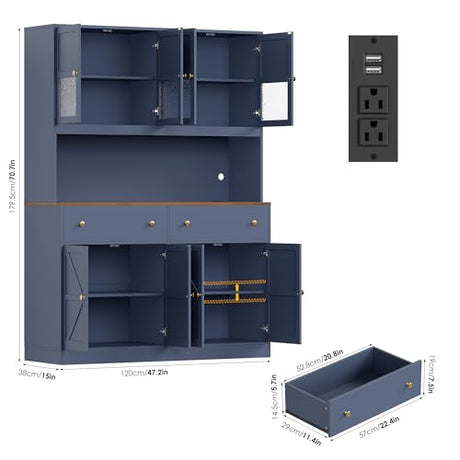 FINETONES 71" Pantry Cabinet with LED Light and Charging Station, Farmhouse Kitchen Pantry Cabinet with Microwave Stand, 47.2" Wide Kitchen Hutch Food Pantry with Open Countertop, Blue FINETONES