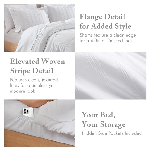 Madison Park Essentials Striped Comforter Set Twin XL, 5 Pieces Modern Minimalist Jacquard Bedding Set for All Season, Bed in A Bag with Sheet Set and Soft Brushed Reverse, Lightweight White Madison Park Essentials
