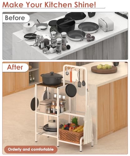mocomax Kitchen Stand Shelf with Storage, 3-Tier Utility Baker's Rack for Spices, Adjustable Coffee Bar Station with 8 Hooks, Space-Saving Microwave Oven Stand for Pots, Pans & Utensils, White mocomax