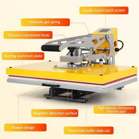 Semi-Auto Heat Press Machine:16x24 Heat Press Machine Slide Out - Digital Control 110v 2000w High-Pressure Sublimation Transfer Machine, for T-Shirts, Bags, Cushion, Yellow ZHVNFLOU