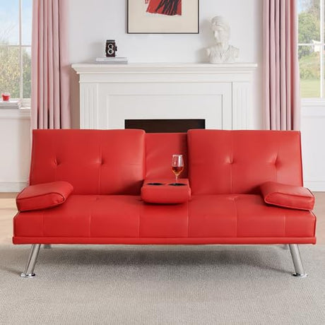 Modern Futon Sofa Bed, 67 Inch Leather Convertible Futon Couch Loveseat Sleeper for Small Spaces,Comfy Folding Recliner Couches for Living Room, Adjustable Backrest,2 Cup Holders,Metal Legs (RED) Xinmviec