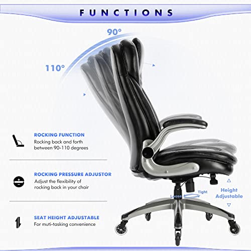 Executive Office Chair-Ergonomic Computer Desk Chair, High Back Leather Chair with Padded Flip-up Arms, Swivel Home Office Chair Upgraded Caster-Black COLAMY