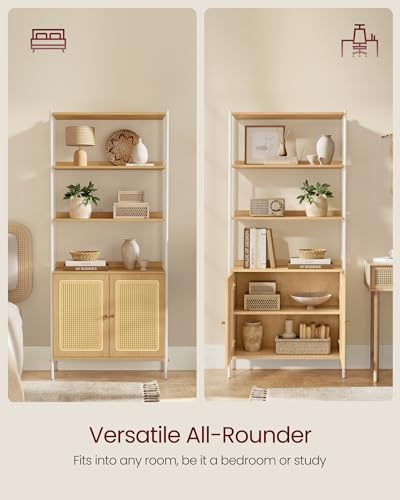 Boho-Style 6-Tier Bookcase with Rattan-Like Door, Freestanding Oak Beige and Pearl White Storage Shelf by VASAGLE - WoodArtSupply