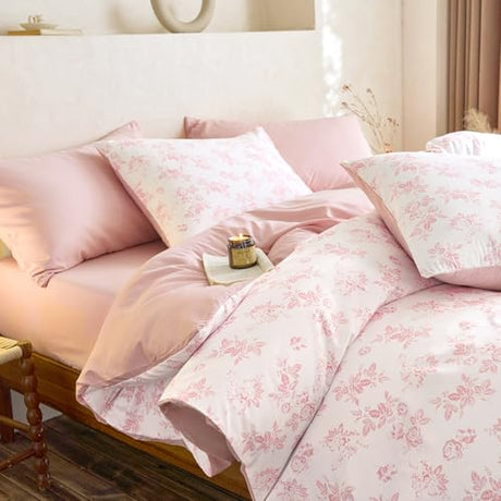 Wake In Cloud - Cottagecore Comforter Set, Floral Vintage Flower Shabby Chic Coquette Aesthetic for Women Teen Girls, Soft Lightweight Dorm Bedding, 3 Pieces, Pink, Full Size Wake In Cloud
