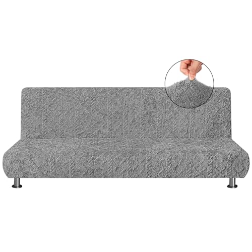 SmoothNovelty Armless Futon Cover Geometric Jacquard Plush Cover Stretch Sofa Bed Slipcover Furniture Protector Without Armrests with Elastic Bottom, Soft Jacquard Fabric Small Checks, Gray SmoothNovelty
