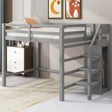 Full Size Loft Bed with Stairs and Built-in Storage Wardrobe, Wood Loft Bed Frame with Storage Shelves and Hanging Rod Gray Loft Beds for Kids Boys Girls Adults Teens Dorm Bedroom Bellemave