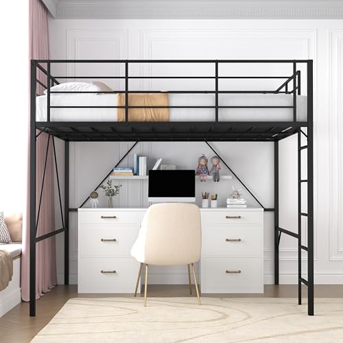 Realhotan 75Inch Queen Loft Bed with Ladder and High Guardrail, No Box Spring Required,Space-Saving,No Sagging Metal Slat Support Heavy Duty Bedframe, Black Realhotan