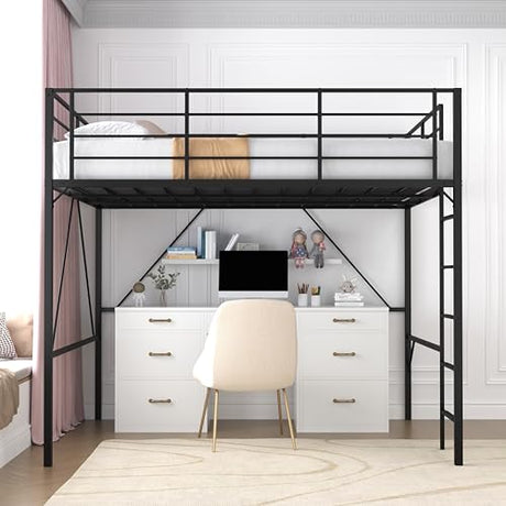 Realhotan 75Inch Queen Loft Bed with Ladder and High Guardrail, No Box Spring Required,Space-Saving,No Sagging Metal Slat Support Heavy Duty Bedframe, Black Realhotan