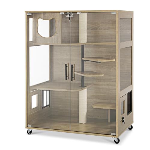 Lovupet Wooden Cat House with Scratching Posts, Luxury Large Cat Condo with Lockable Wheels, Indoor Kitten Cage with Escape Door, GC11 Lovupet