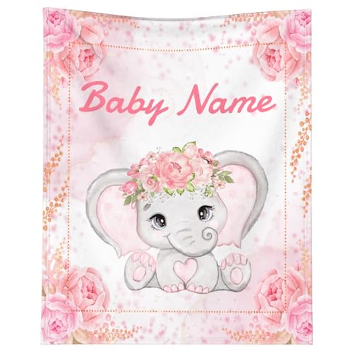 Custom Elephant Baby Blanket for Girls Women Pink Flowers Personalized Blanket with Name Soft Flannel Lightweight Throw Blankets for Bedding Practical Gifts Medium 60×50in for Teen Lokesvararaja