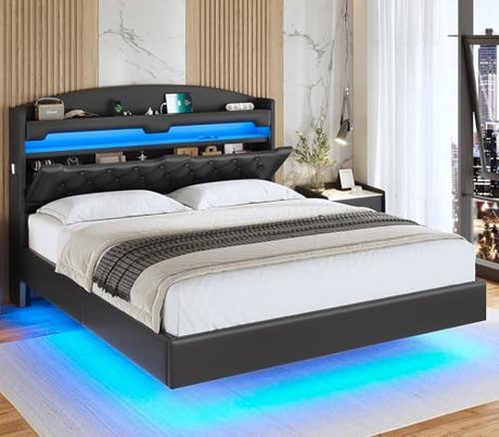 ADORNEVE Floating Bed Frame Queen with Hidden Storage Headboard, Floating LED Bed Frame with Charging Station, Upholstered Leather Platform Bed with Storage, No Box Spring Needed, Black ADORNEVE