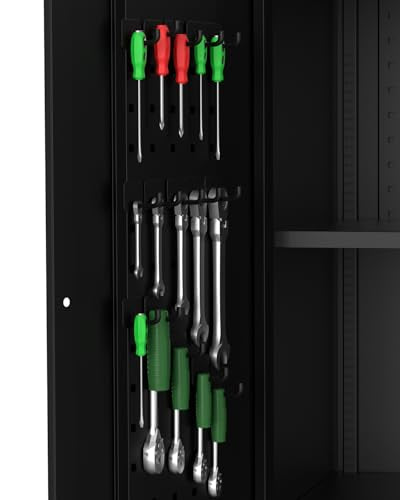GarveeHome Garage Storage Cabinet with Wheels & Pegboard, 72 in H Locking Metal Storage Cabinet with 2 Doors & 4 Adjustable Shelves for Garage Workshop Home Office, Black GarveeHome