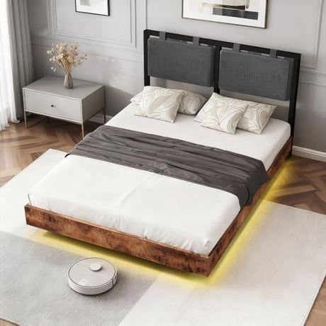 LUCKLIFE Floating Bed Frame Full Size, with Adjustable Headboard and Smart LED Lights, Upholstered Bed Frame with RGB Lights, Modern Metal Bed, Easy Assembly, Under-Bed Storage, Bedroom LUCKLIFE