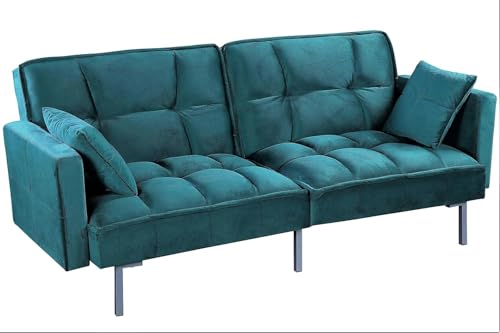 Container Furniture Direct Regal 75.6" Velvet Convertible Sofa Bed - Mid-Century Sleeper Couch w/Tufted Design & Metal Legs - Pull-Out Futon for Guests/Home (75.6" W x 34.6" D x 32" H), Blue Container Furniture Direct