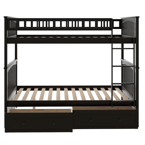 Ball & Cast Full Over Full Bunk Bed with 2 Storage Drawers and Ladder,Wood Bunk Bed Frame w/Guardrails,Space-Saving,Slat Support,No Box Spring Needed,Convertible Beds for Apartment,Bedroom,Espresso Ball & Cast