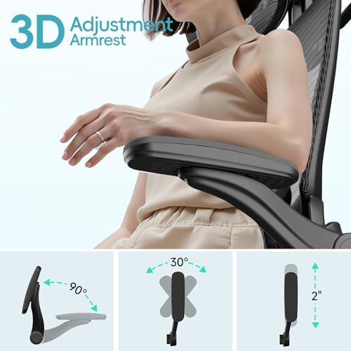 Alllion Ergonomic Mesh Office Chair, Home Desk Chair Comfy High Back with Adjustable Lumbar Support, 3D Headrest, Flip-up Arms, Big and Tall Reclining Computer Gaming Chairs for Men Women, Black Alllion