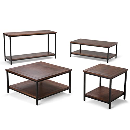 SIMPLIHOME Skyler SOLID MANGO WOOD and Metal 48 inch Wide Rectangle Modern Industrial Coffee Table in Dark Cognac Brown, for the Living Room and Family Room - WoodArtSupply