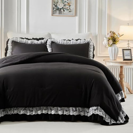 Joyreap Queen Size Comforter Set Black, 3pcs Lace Ruffled Bedding Comforter Set, Microfiber Vintage Gothic Boho Chic Bedding Set for All Season- 88x88 inches Joyreap