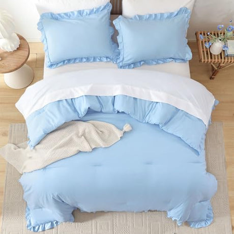 JANZAA Ruffle Light Blue Comforter Set Full Size Comforter 3PCS 1 Emerald Comforter and 2 Pillowcases Vintage Farmhouse Shabby Chic Bedding Soft Fluffy Comforter Set All Season (Light Blue, Full) JANZAA