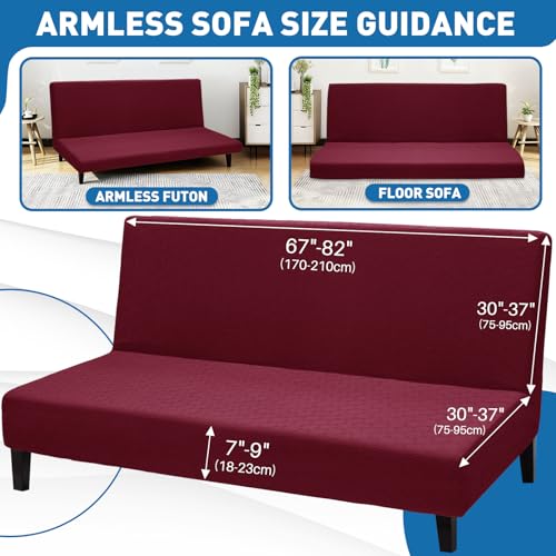 ZNSAYOTX Stretch Fit Futon Cover (67"-82") Armless Futon Sofa Bed Slipcover with Elastic Band, Universal Foldable Sofa Mattress Protector Full Queen Size, Washable Comfort Jacquard (Wine Red) ZNSAYOTX