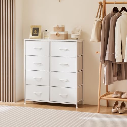 OLIXIS 8 Drawer Storage Dresser with Wood Top - Wide Fabric Chest Organizer for Bedroom, Closet, Living Room,Tower Cabinet, TV Stand, Hallway Entryway Furniture,White OLIXIS