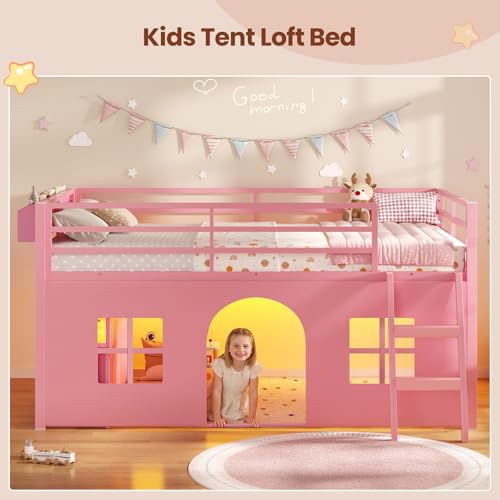 ADORNEVE Low Loft Bed Twin Size with Tent, 5 Storage Drawers, LED Lights, Metal Kids Loft Bed with Bookcase & Under-Bed Play Space,Twin Loft Beds with 13.8''H Safety Guardrail,Inclined Ladder, Pink ADORNEVE