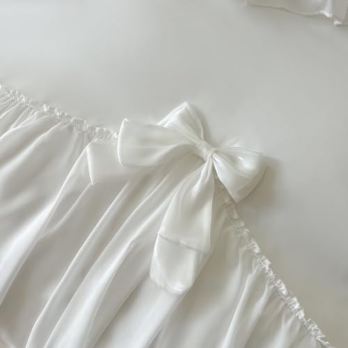 SOUKECHY Ruffled Bedding Bow Duvet Cover Set with Butterfly Tie, Soft Brushed Microfiber Shabby Chic Bedding Set with Zipper Closure-White,Queen SOUKECHY