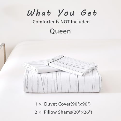 ALEISSEL Modern Urban 100% Natural Cotton Duvet Cover Sets 3Pcs - Gray Artistic Lines Pattern on White with Textured Light-Gray Reverse, Minimalist Bedding Set with Button Closure(Queen,90"×90" ALEISSEL