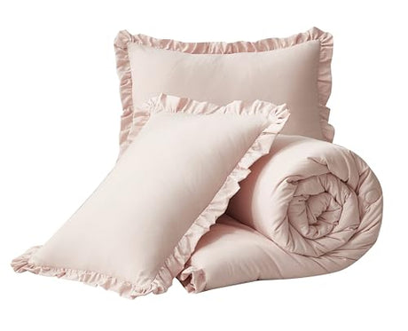 Chezmoi Collection Nora Blush Comforter Set Twin Size 2-Piece Lightweight Soft Stone-Washed Ruffled Shabby Chic Bedding for All Season Chezmoi Collection