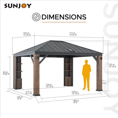 Sunjoy 12 x 14 ft. Hardtop Gazebo with Solar Powered, Cedar Wood Framed Steel Hardtop Gazebo with LED Lighting, Bluetooth Sound and Storage Racks by SummerCove - WoodArtSupply