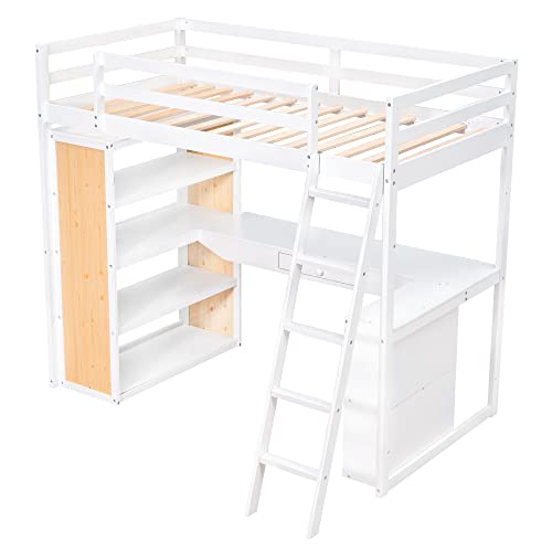 Harper & Bright Designs Twin Size Loft Bed with Desk and Drawer, Wood Twin Loft Bed with Desk,Shelves and Cabinet Underneath, High Loft Bed Twin with Storage for Kids, Boys,Girls,Teens (White,Twin) Harper & Bright Designs