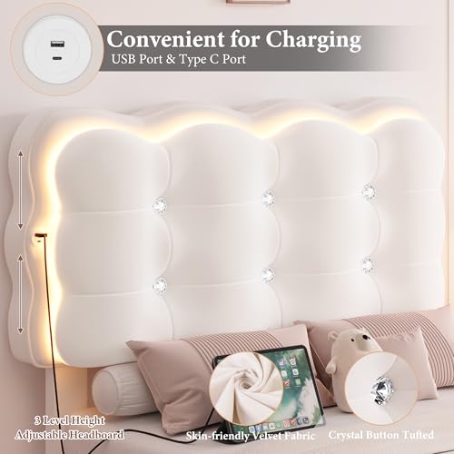 HIFIT 2 Set Upholstered Twin Size LED Bed Frame with Charging Station, Adjustable Crystal-Tufted Puffs Headboard, Velvet Girls Floating Twin Platform Bed Frames for Kids with Under Bed Lights, Beige HIFIT