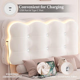HIFIT 2 Set Upholstered Twin Size LED Bed Frame with Charging Station, Adjustable Crystal-Tufted Puffs Headboard, Velvet Girls Floating Twin Platform Bed Frames for Kids with Under Bed Lights, Beige HIFIT