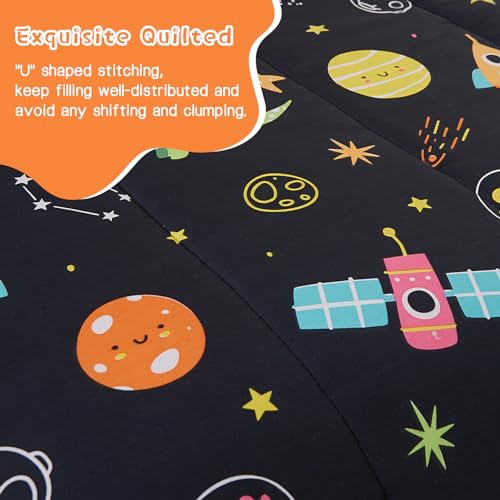 Yibeizi Space Dinosaur Kids Comforter Set for Boys Full Size, Cute Quilted Black Printed Bedding Set with Pillow Sham, Lightweight Soft Breathable Washable Bed Set 3 Piece Yibeizi