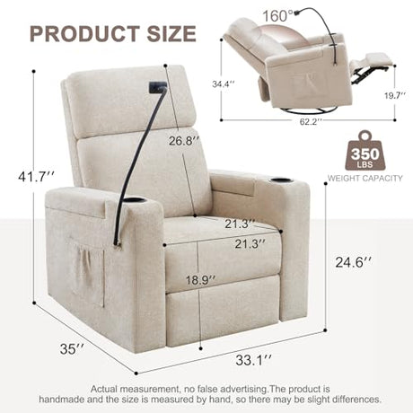 ABCASA Power Recliner Rocking Chair Nursery Glider, Swivel Reclining Nursery Rockers for Baby Room & Living Room, Chenille Chair with Phone Holder, USB/Type-C Ports, Arm Storage, Light Brown ABCASA