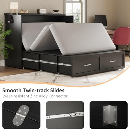YANSNWO Full Size Murphy Bed with Storage, Farmhouse Murphy Bed Cabinet with Large Storage Drawer, Quiet Design, Foldable Platform Bed for Guest Bedroom, Home Office, Small Room, Distressed Black YANSNWO