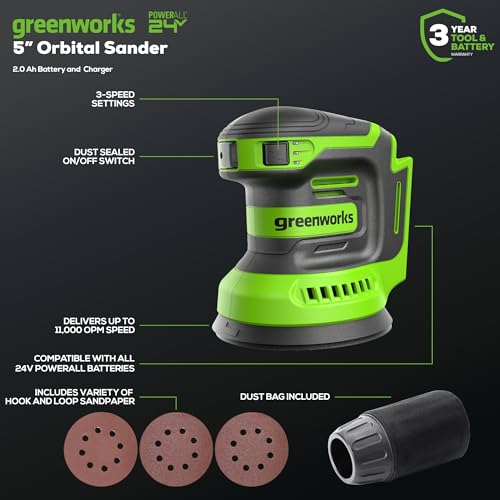 Greenworks 24V Cordless Orbital Sander, 5" Random Sanders Variable Speed, 11000 OPM, 3 Sandpaper Sheets, with 2Ah Battery and Charger Greenworks