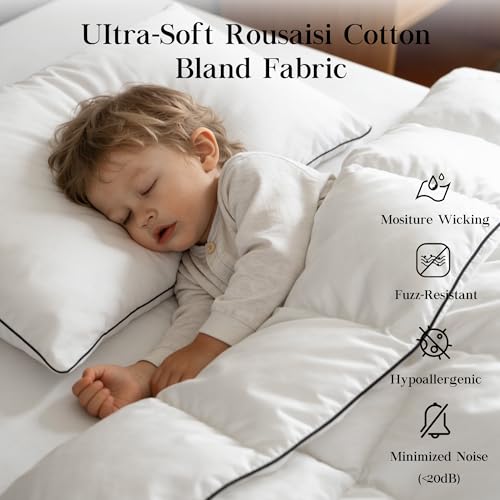 Feather Down Fiber Comforter Queen Size,Premium Ultra-Soft Breathable Comforter High Fill Power White Duvet Insert,All Season Hotel Luxury Bedding Comforters 8 Corner & Center Loops,Baffle Box Design HYVIF