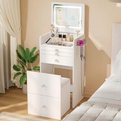 VOWNER 3-in-1 Vanity Desk with Flip Top LED Light Mirror and Glass Desktop, Small Makeup Vanity with 3 Drawers, Compact Dressing Table with Stool for Bedroom, White 19" L VOWNER